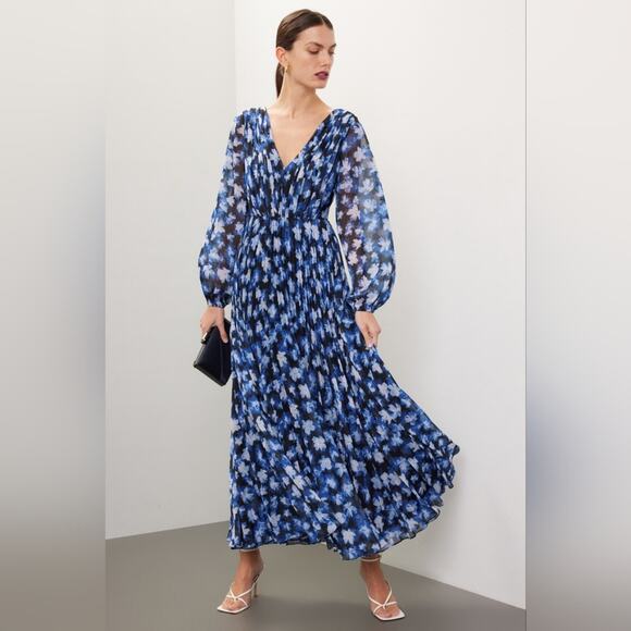 Rtr sz6 ML Monique Lhuillier Melanie Dress floral printed v-neck dark midnight - Picture 1 of 10